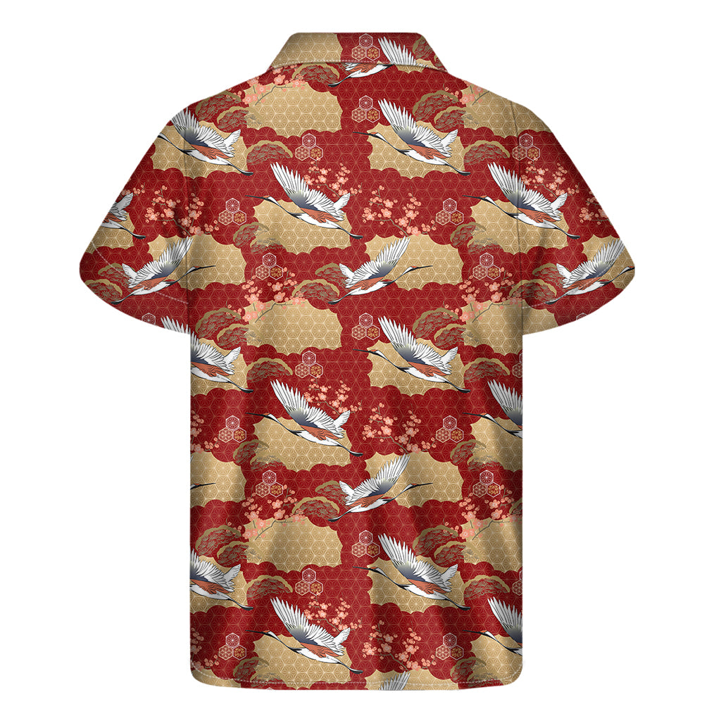 Crane Bird Kimono Pattern Print Men's Short Sleeve Shirt