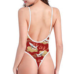 Crane Bird Kimono Pattern Print One Piece High Cut Swimsuit