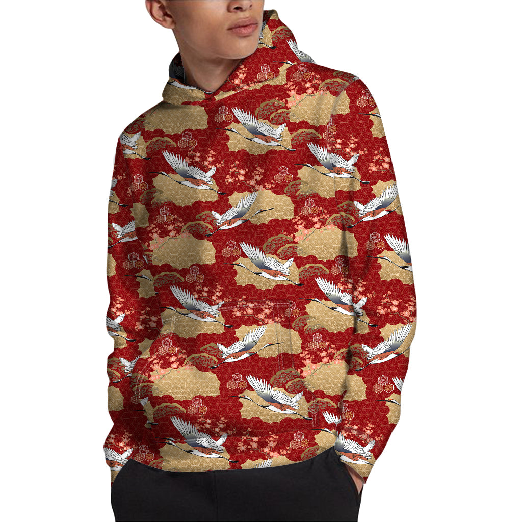 Crane Bird Kimono Pattern Print Pullover Hoodie