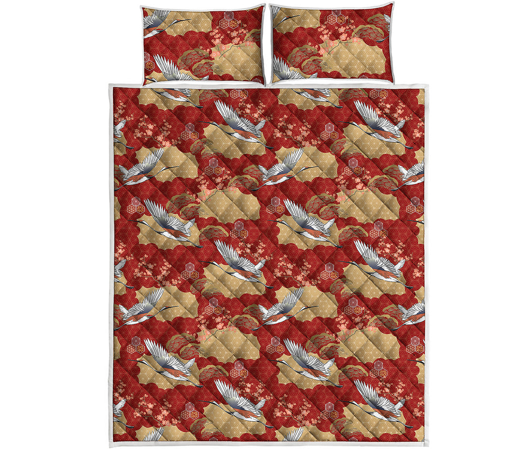 Crane Bird Kimono Pattern Print Quilt Bed Set