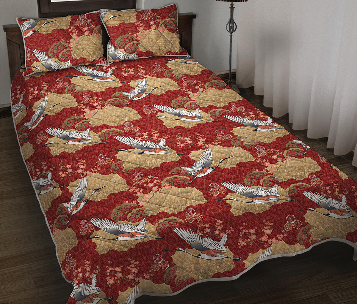 Crane Bird Kimono Pattern Print Quilt Bed Set