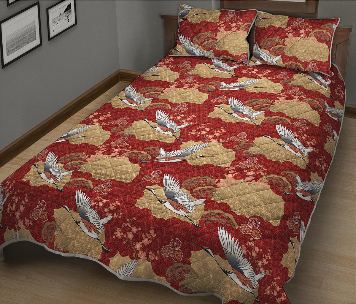 Crane Bird Kimono Pattern Print Quilt Bed Set