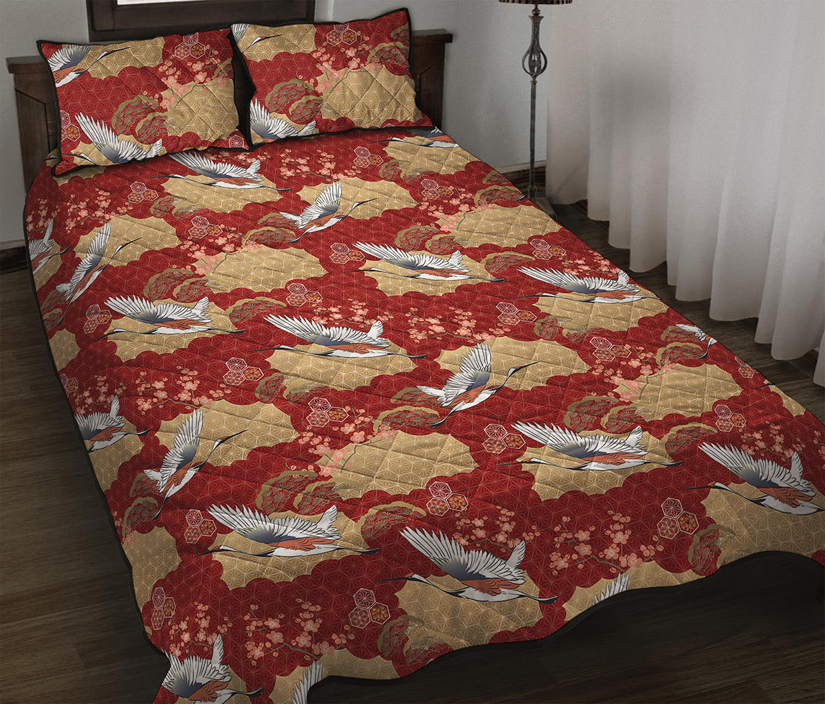 Crane Bird Kimono Pattern Print Quilt Bed Set