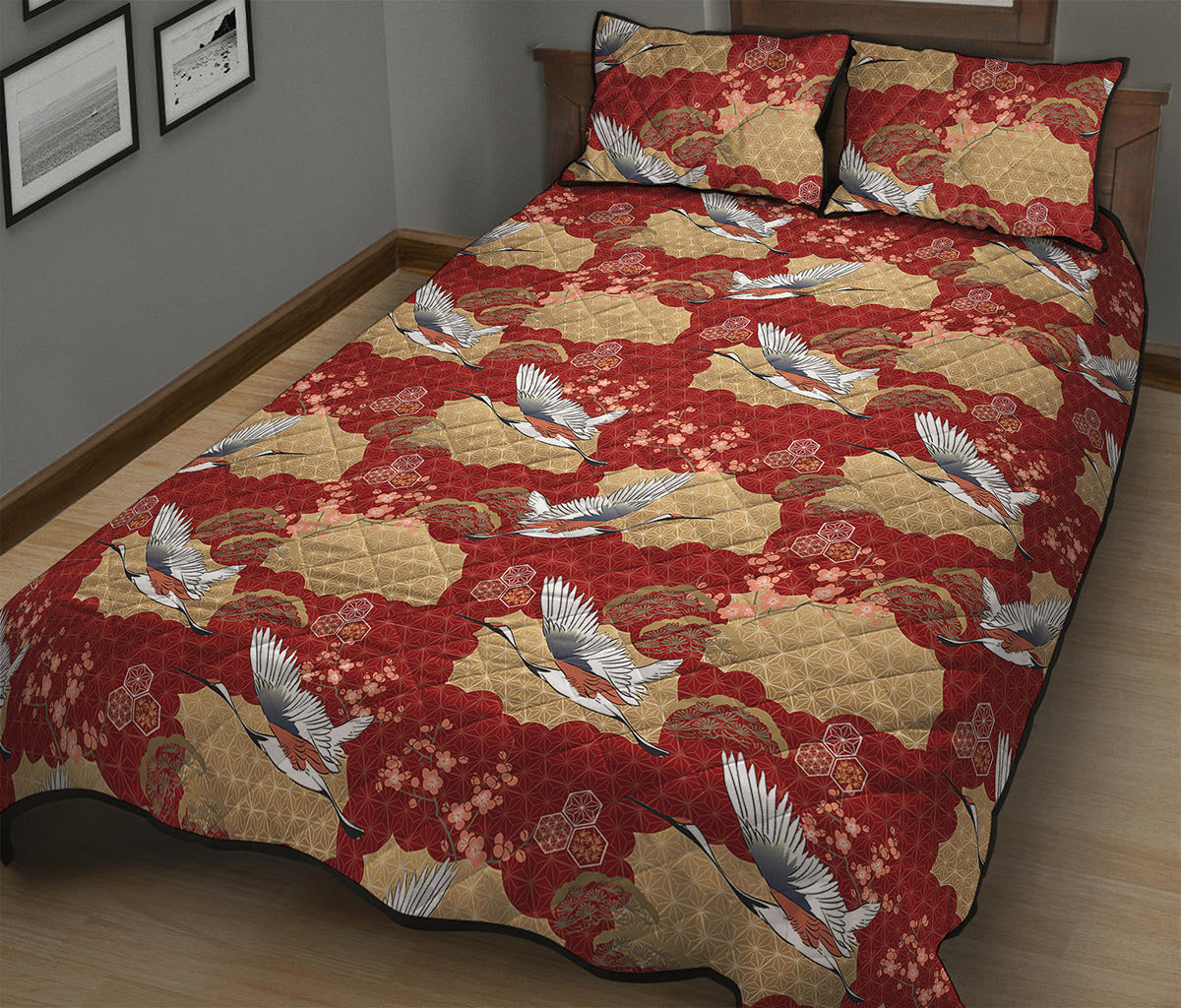 Crane Bird Kimono Pattern Print Quilt Bed Set