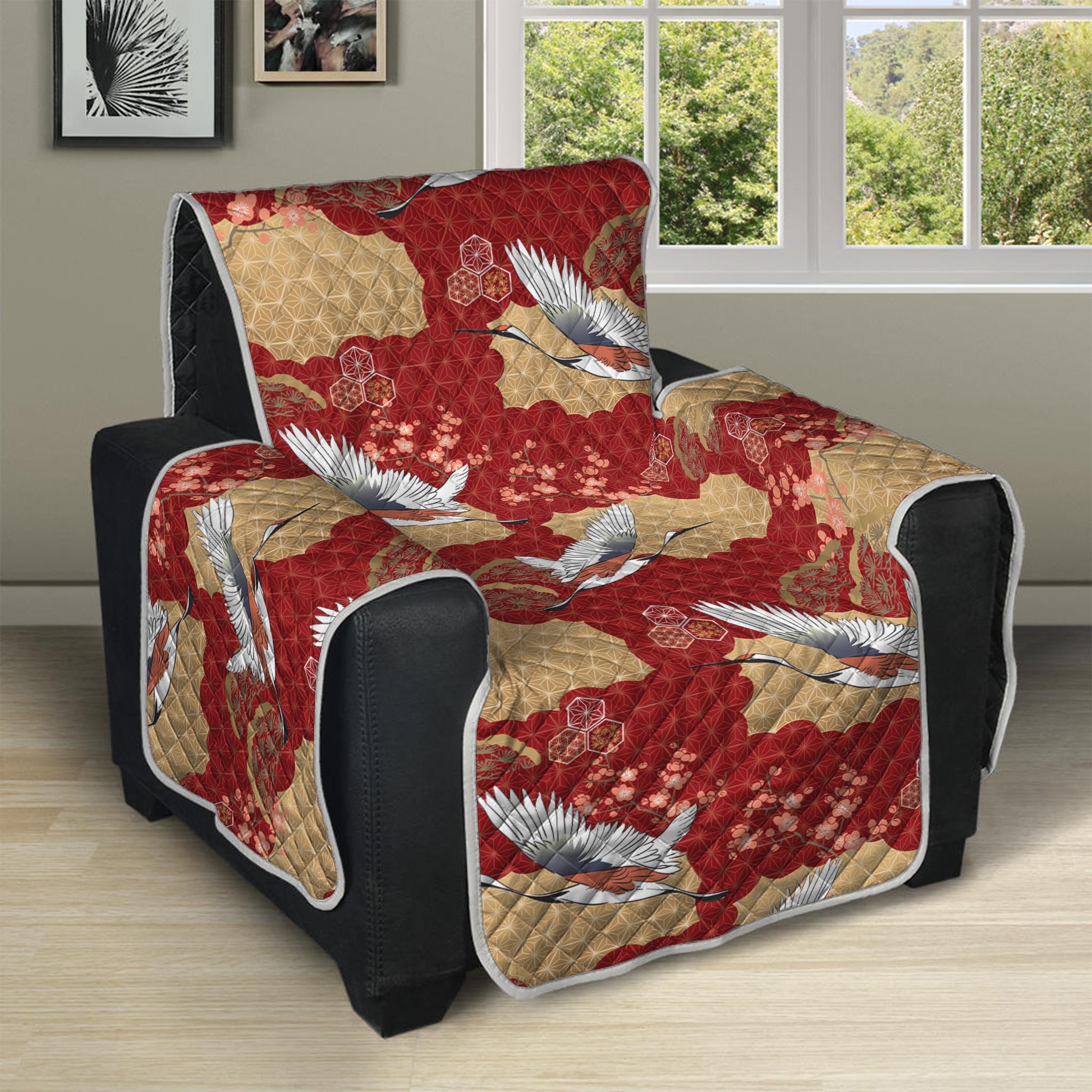 Crane Bird Kimono Pattern Print Recliner Protector