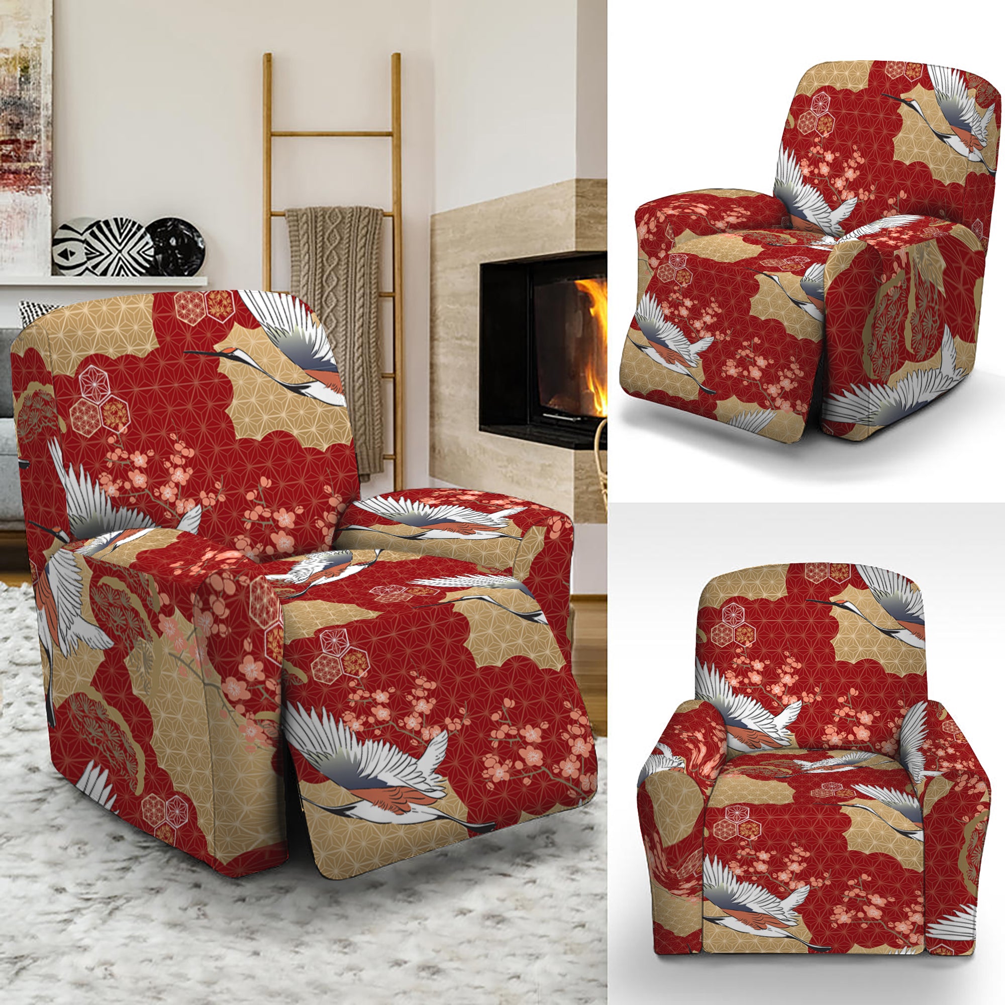 Crane Bird Kimono Pattern Print Recliner Slipcover