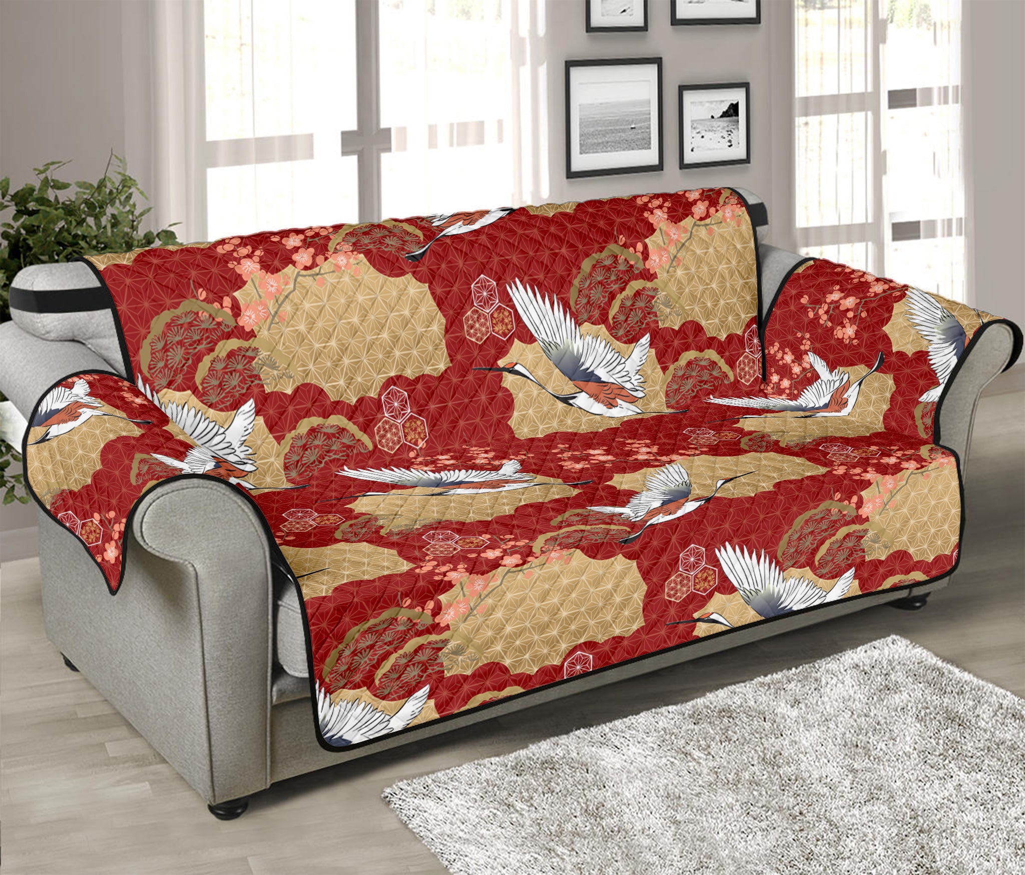 Crane Bird Kimono Pattern Print Sofa Protector