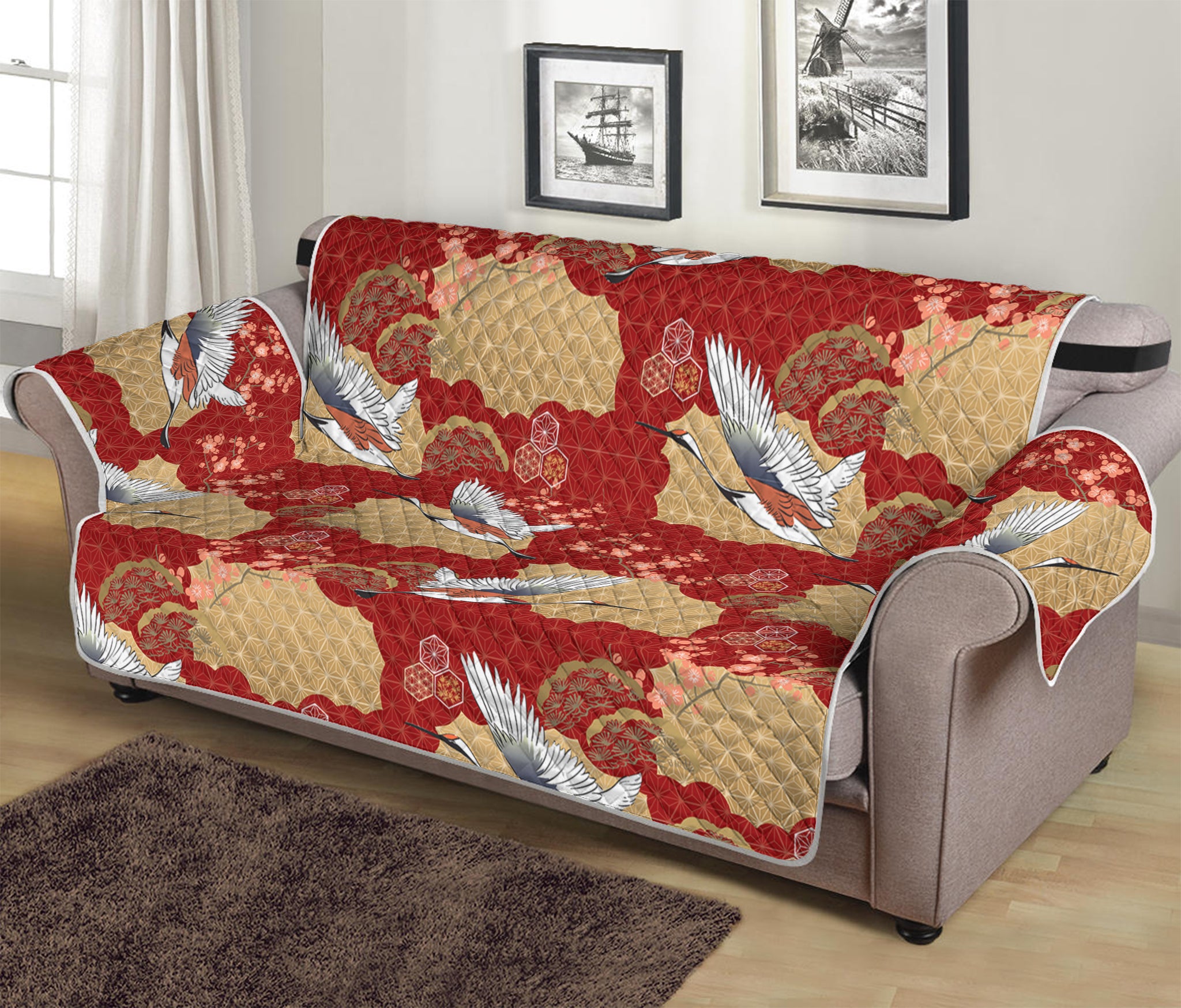 Crane Bird Kimono Pattern Print Sofa Protector