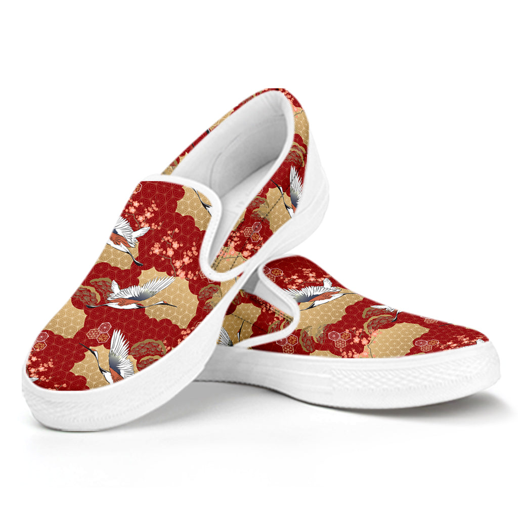 Crane Bird Kimono Pattern Print White Slip On Shoes