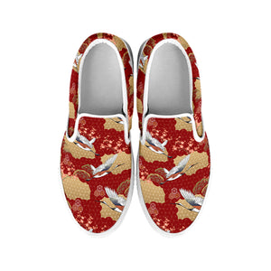 Crane Bird Kimono Pattern Print White Slip On Shoes