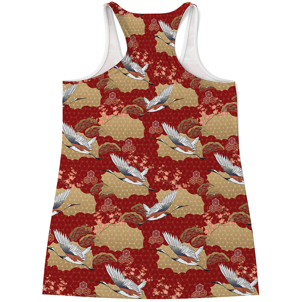 Crane Bird Kimono Pattern Print Women's Racerback Tank Top