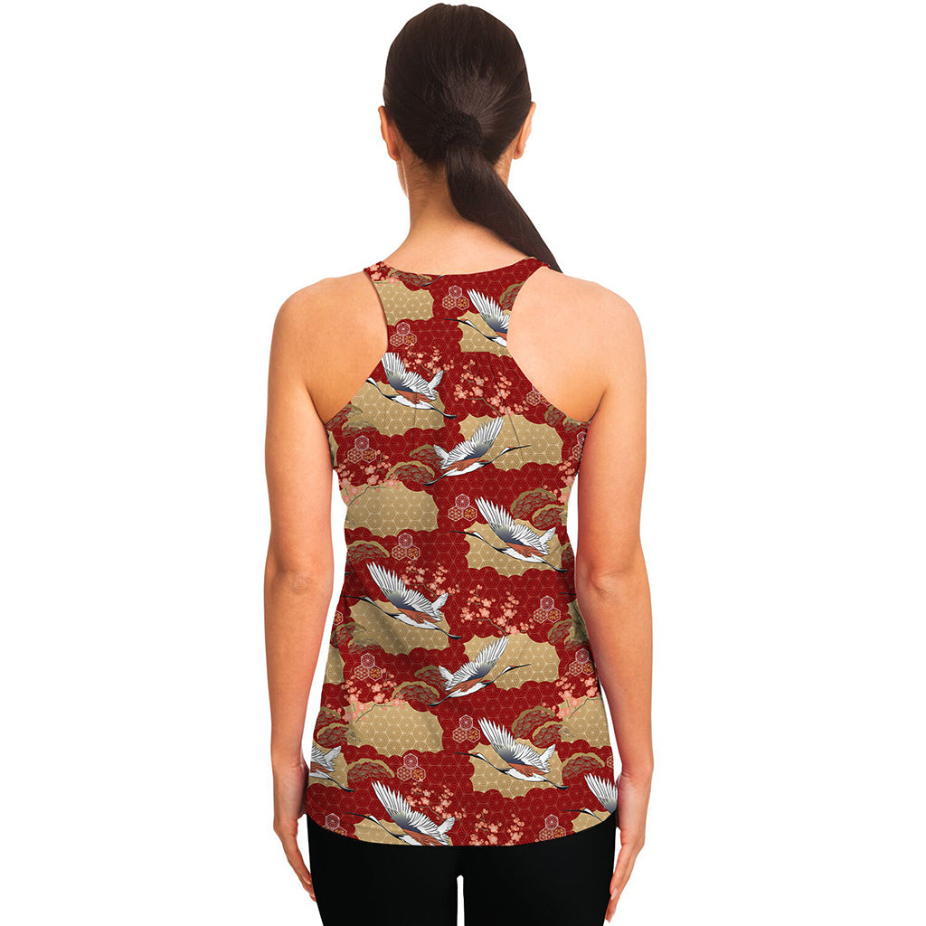 Crane Bird Kimono Pattern Print Women's Racerback Tank Top