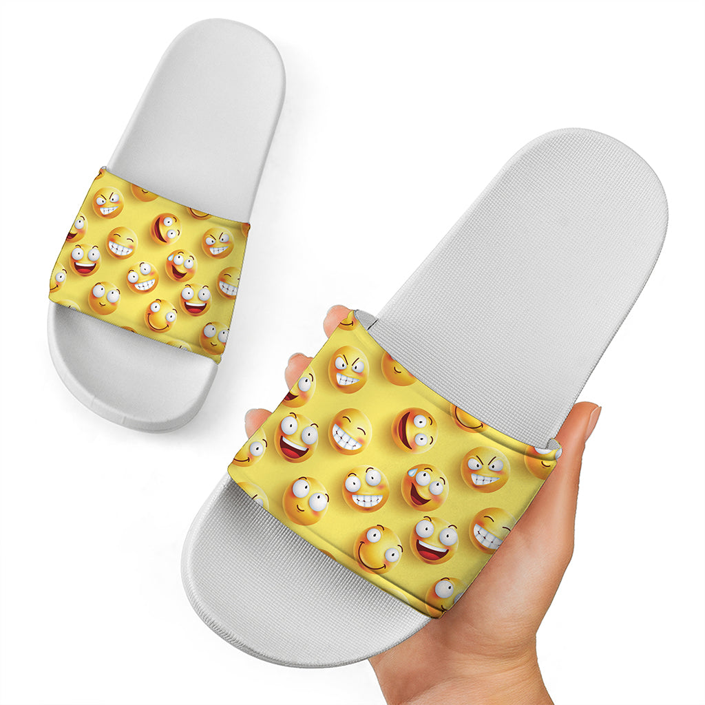 Crazy Emoji Pattern Print White Slide Sandals