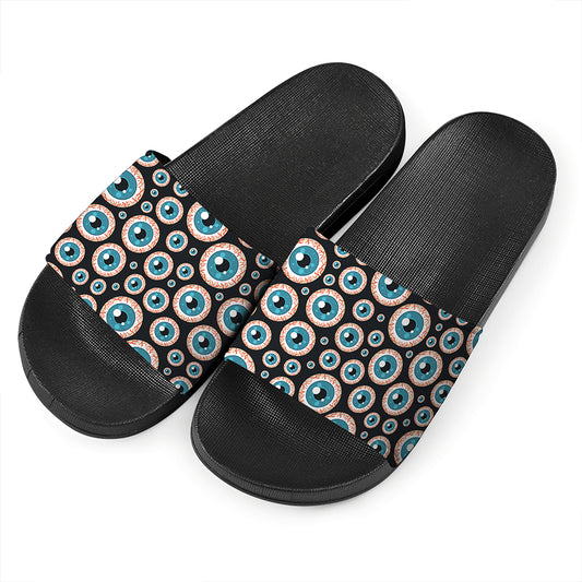 Creepy Eyeball Pattern Print Black Slide Sandals