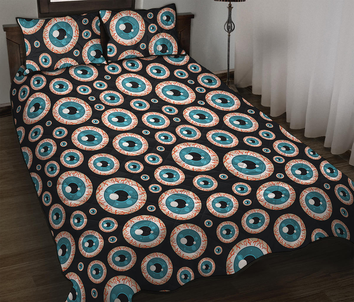 Creepy Eyeball Pattern Print Quilt Bed Set