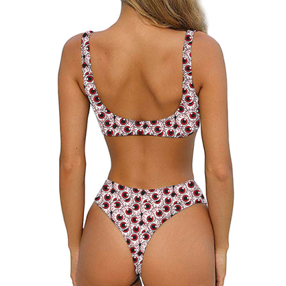 Creepy Red Eyeball Pattern Print Front Bow Tie Bikini