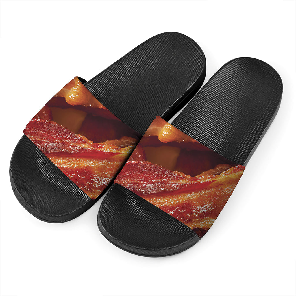 Crispy Bacon Print Black Slide Sandals