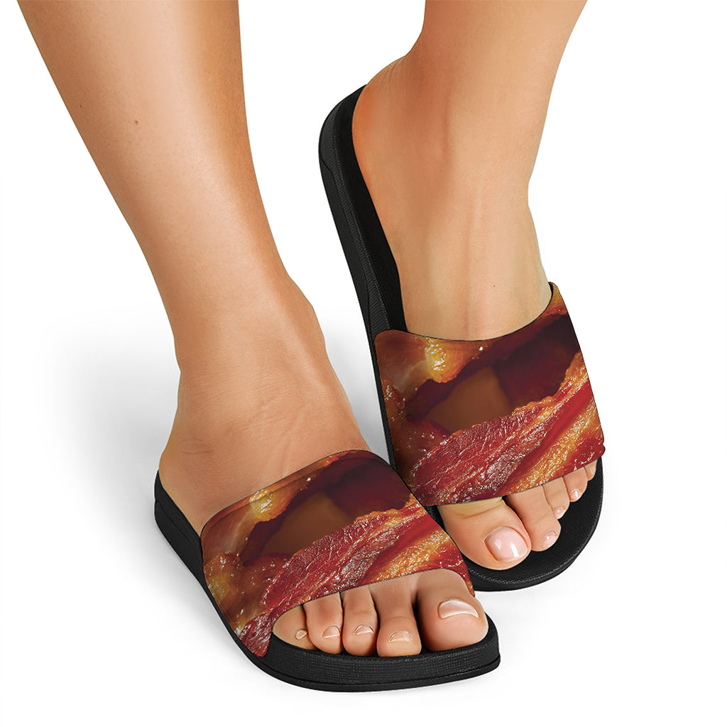 Crispy Bacon Print Black Slide Sandals