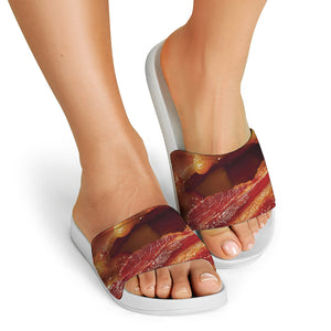 Crispy Bacon Print White Slide Sandals