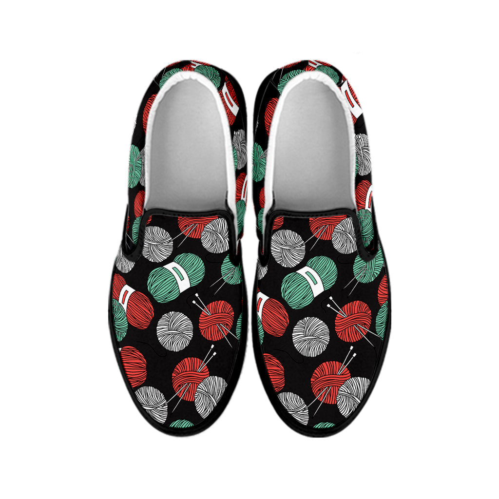 Crochet Yarn Pattern Print Black Slip On Shoes