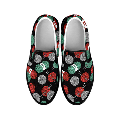 Crochet Yarn Pattern Print Black Slip On Shoes