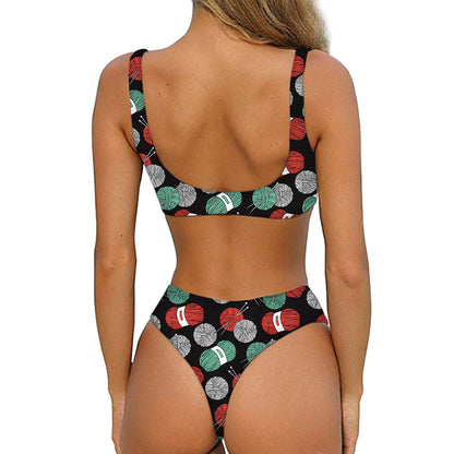Crochet Yarn Pattern Print Front Bow Tie Bikini