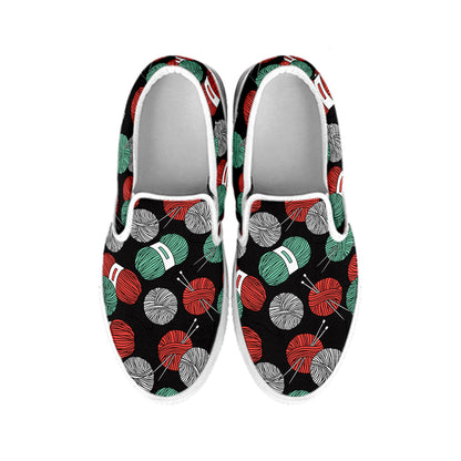 Crochet Yarn Pattern Print White Slip On Shoes
