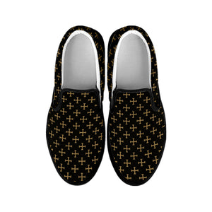 Cross Orthodox Pattern Print Black Slip On Shoes