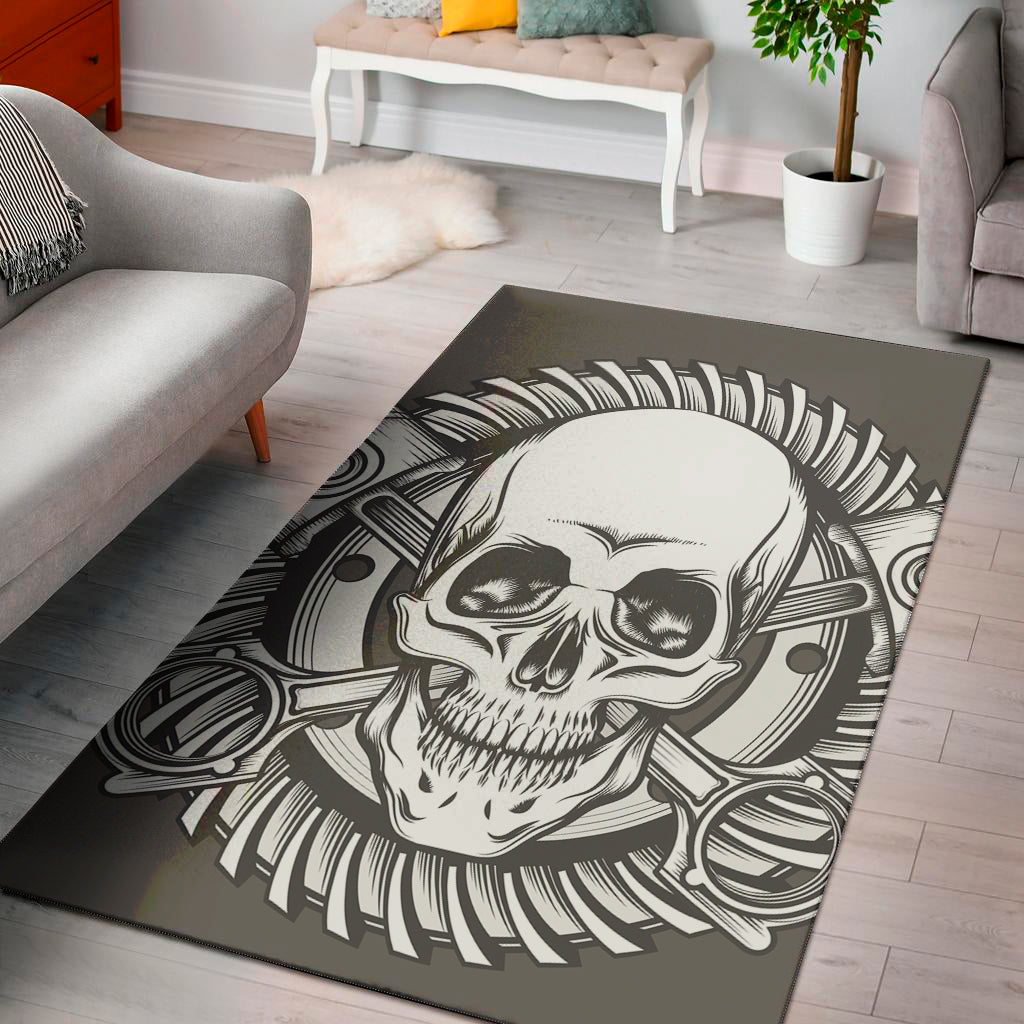 Cross Piston Mechanic Skull Print Area Rug