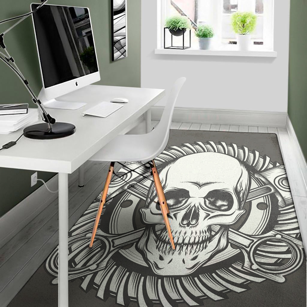 Cross Piston Mechanic Skull Print Area Rug