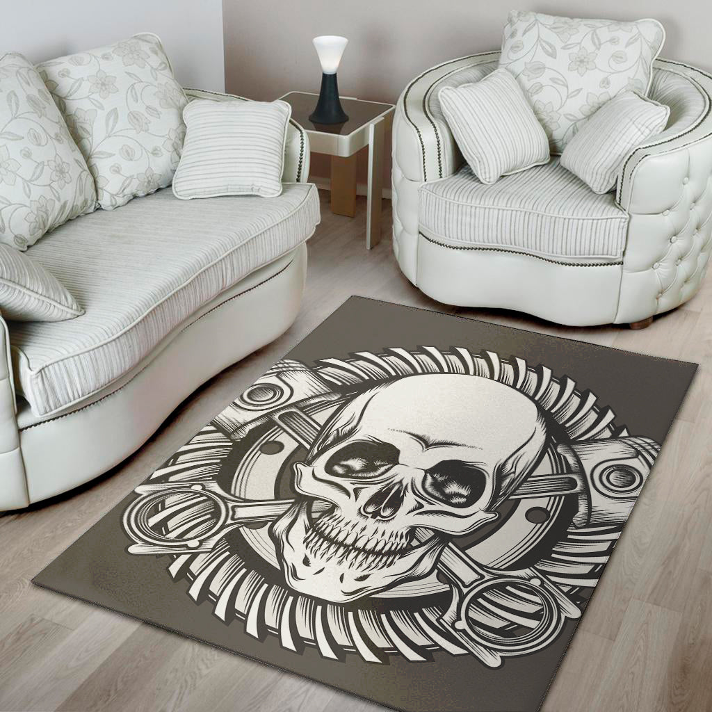 Cross Piston Mechanic Skull Print Area Rug