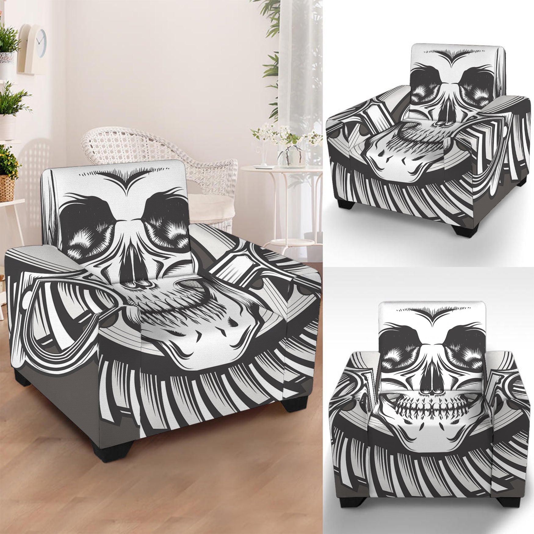 Cross Piston Mechanic Skull Print Armchair Slipcover