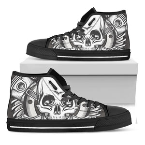 Cross Piston Mechanic Skull Print Black High Top Shoes