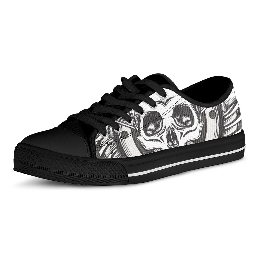 Cross Piston Mechanic Skull Print Black Low Top Shoes 