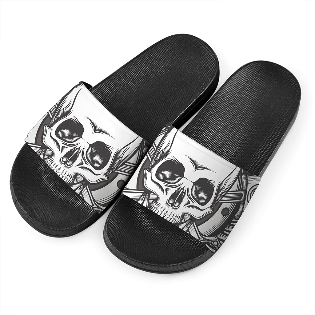 Cross Piston Mechanic Skull Print Black Slide Sandals