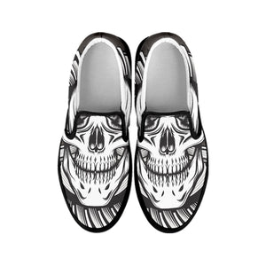 Cross Piston Mechanic Skull Print Black Slip On Shoes