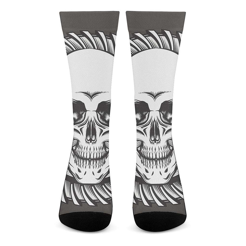 Cross Piston Mechanic Skull Print Crew Socks