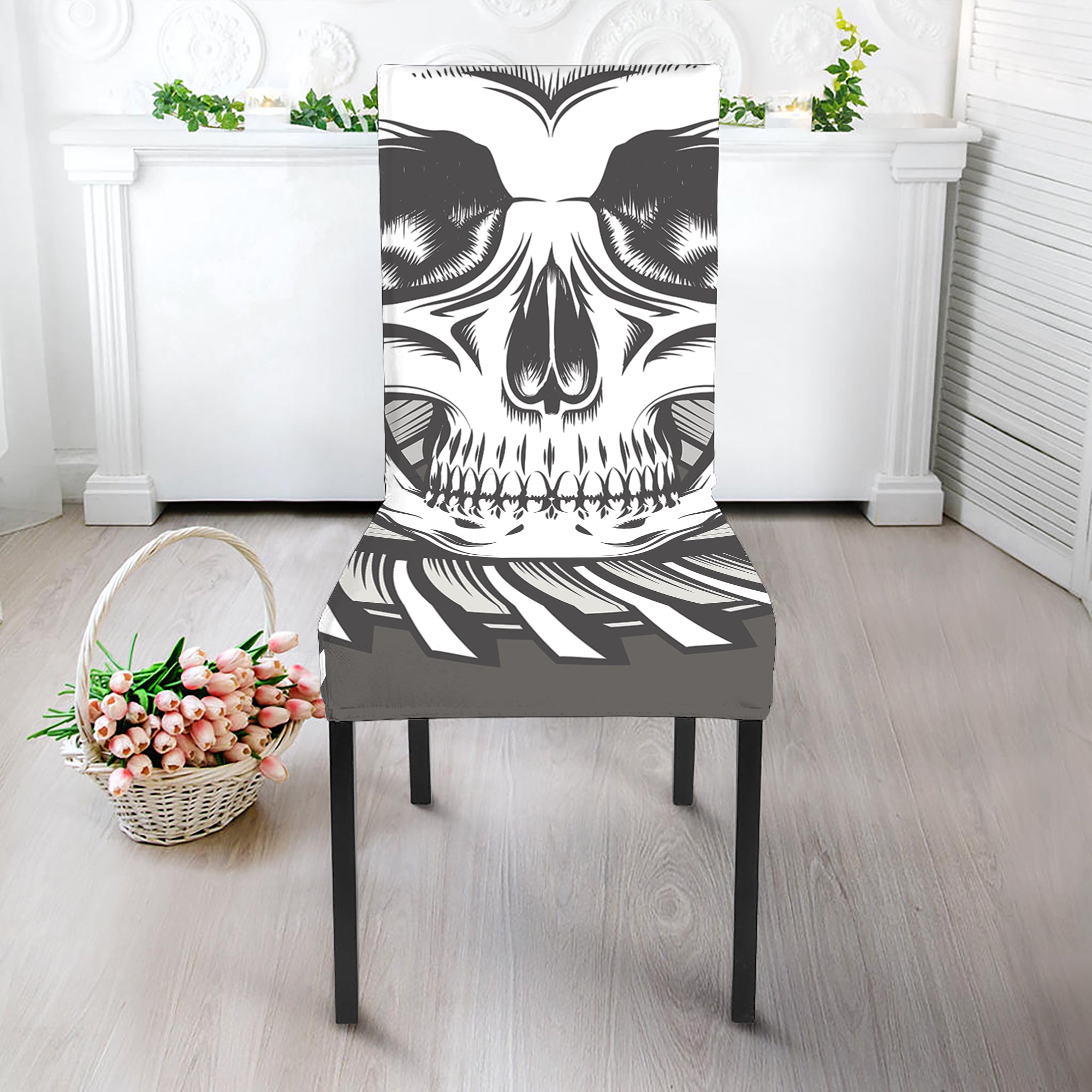 Cross Piston Mechanic Skull Print Dining Chair Slipcover