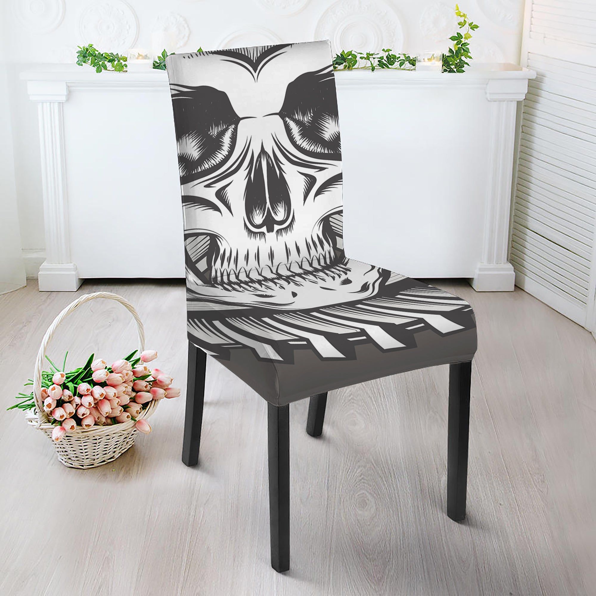 Cross Piston Mechanic Skull Print Dining Chair Slipcover