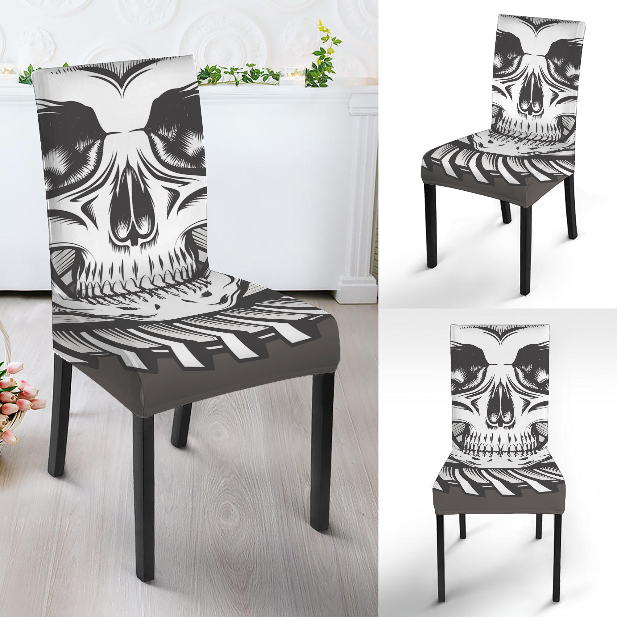 Cross Piston Mechanic Skull Print Dining Chair Slipcover