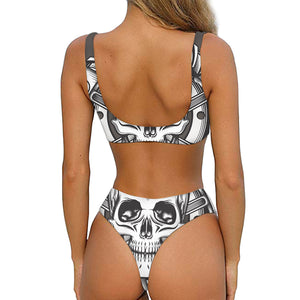 Cross Piston Mechanic Skull Print Front Bow Tie Bikini