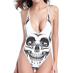 Cross Piston Mechanic Skull Print High Cut One Piece Swimsuit