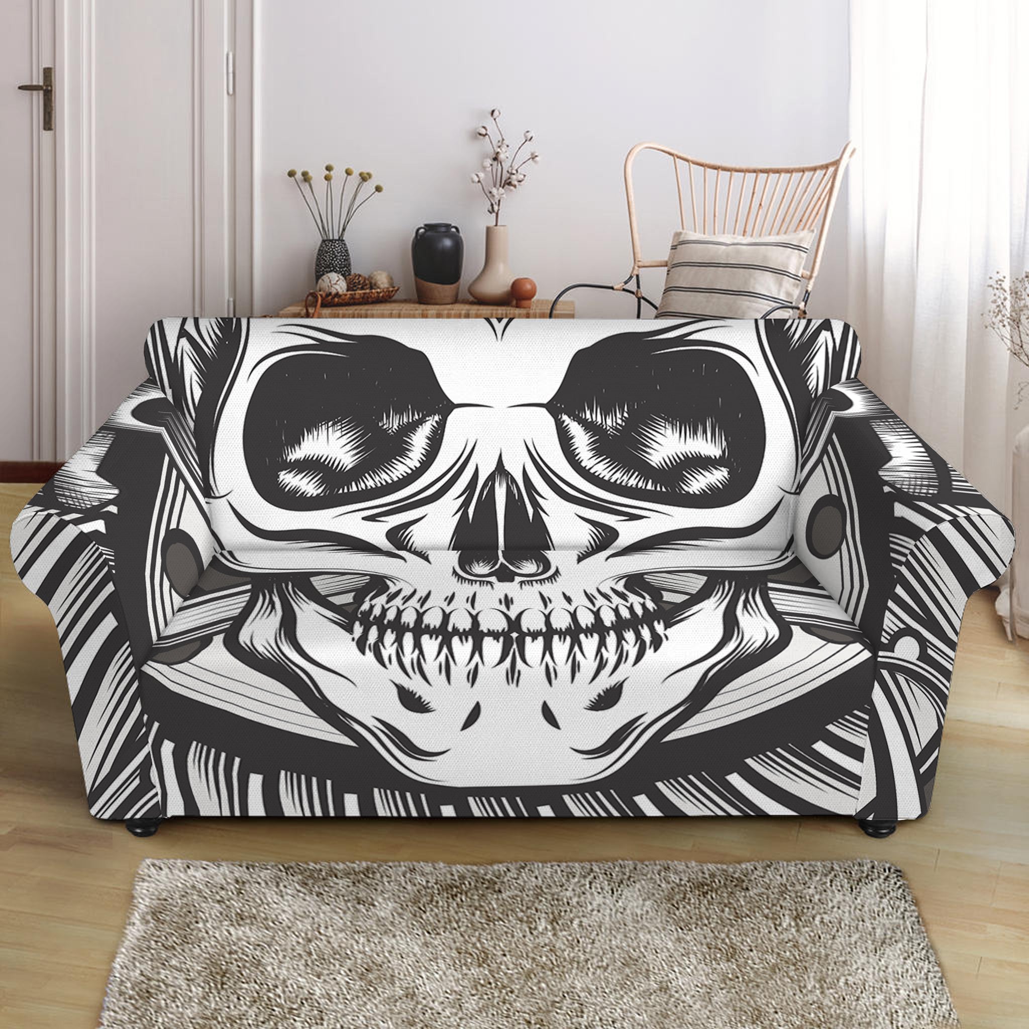 Cross Piston Mechanic Skull Print Loveseat Slipcover