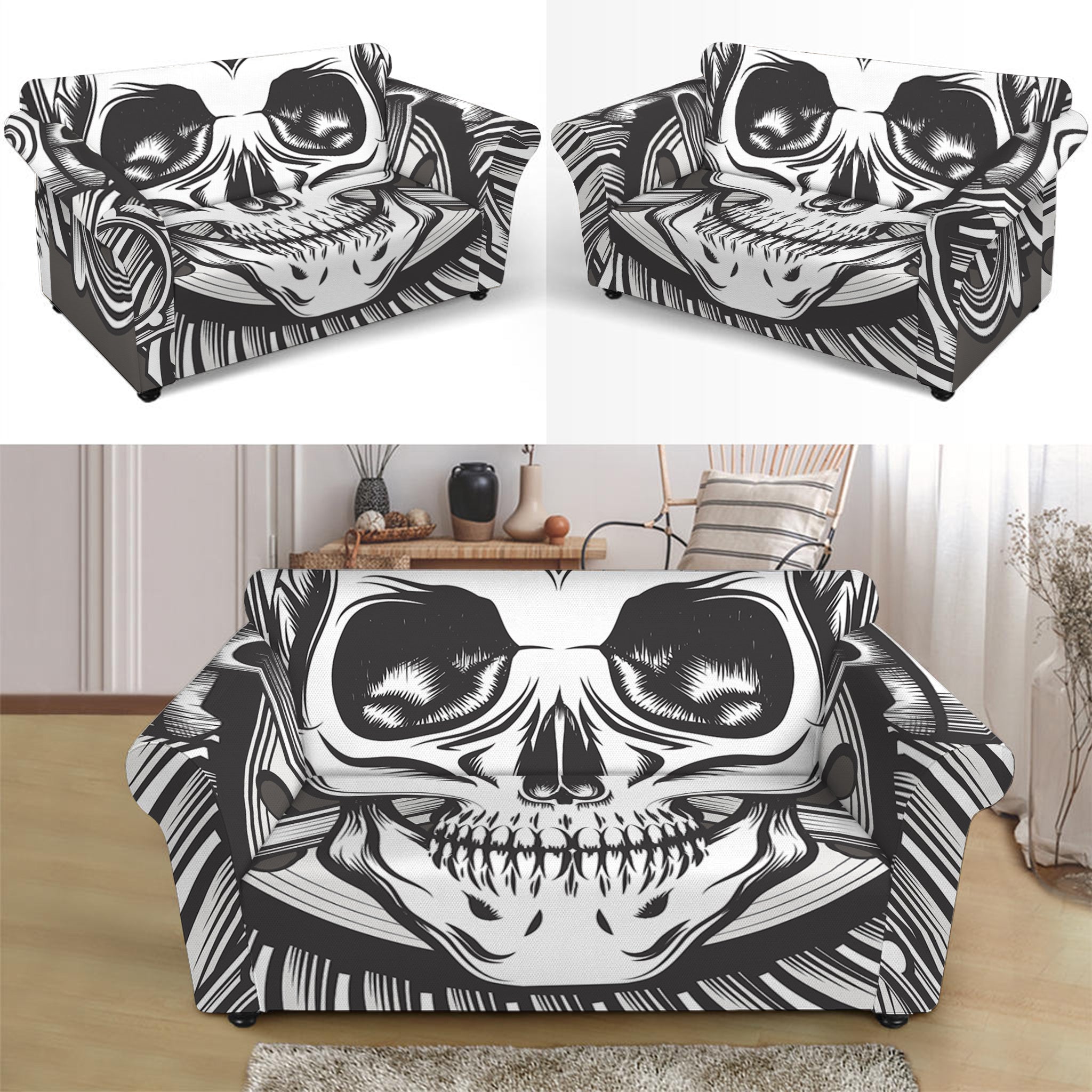 Cross Piston Mechanic Skull Print Loveseat Slipcover