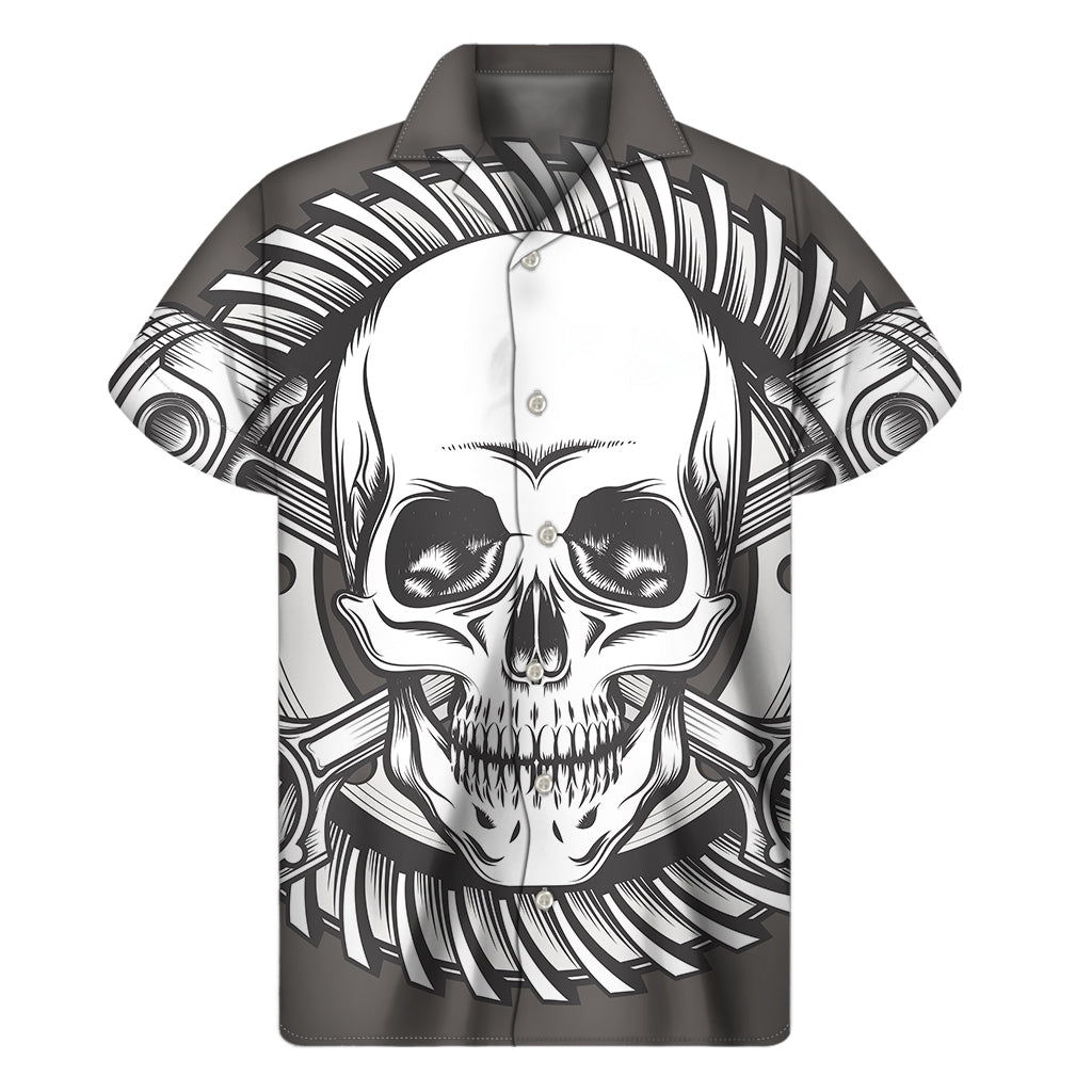 Cross Piston Mechanic Skull Print Men's Short Sleeve Shirt