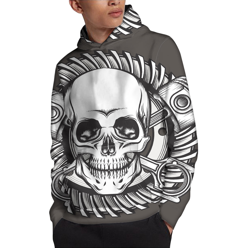 Cross Piston Mechanic Skull Print Pullover Hoodie