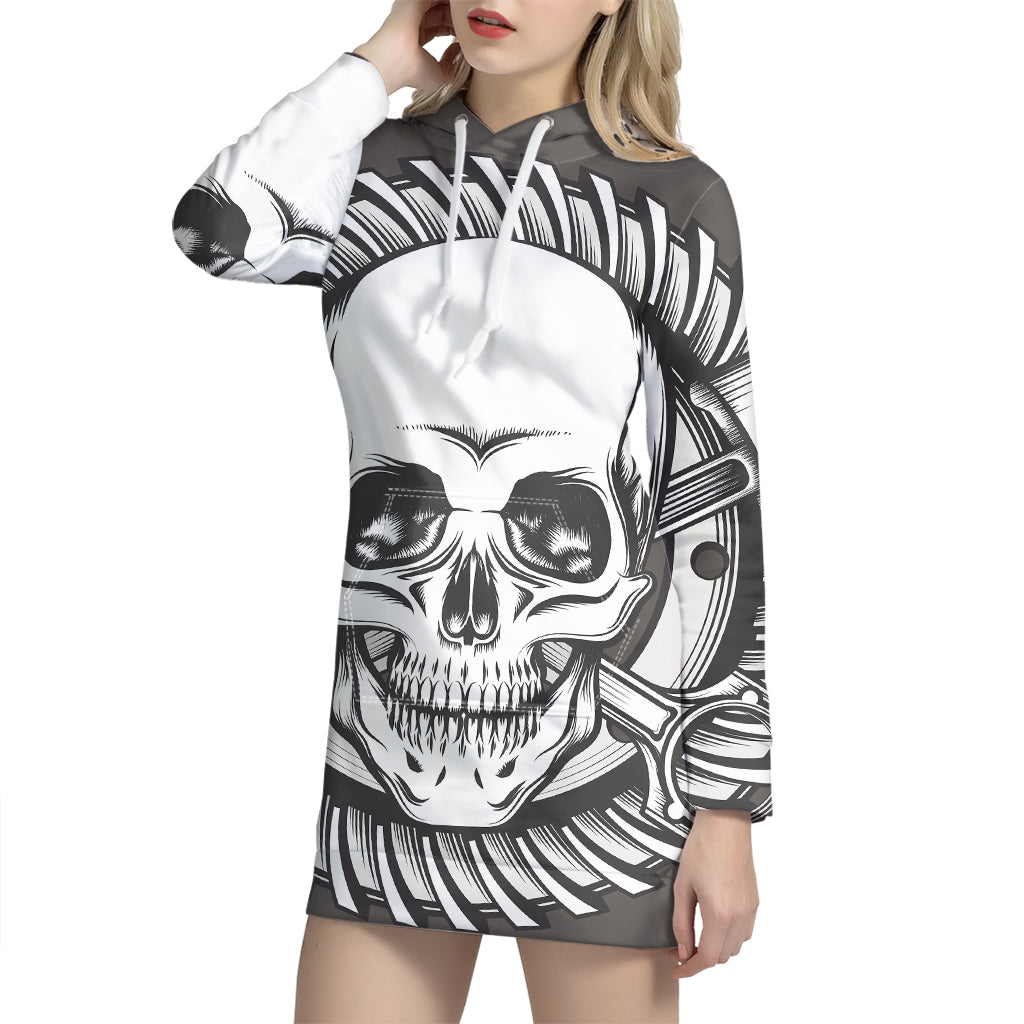 Cross Piston Mechanic Skull Print Pullover Hoodie Dress