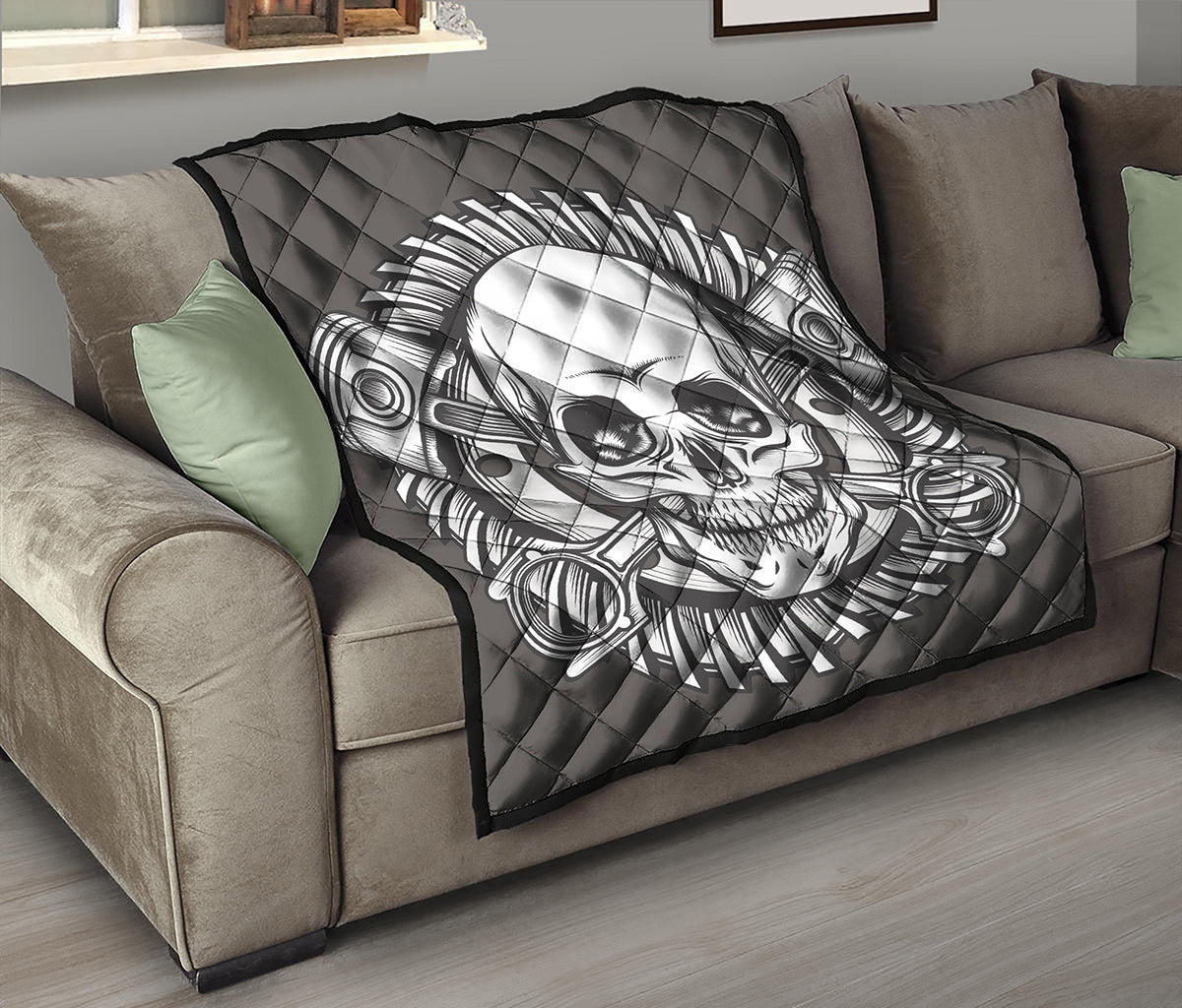 Cross Piston Mechanic Skull Print Quilt