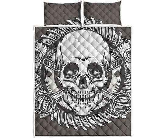 Cross Piston Mechanic Skull Print Quilt Bed Set