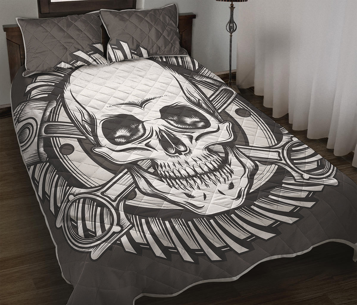 Cross Piston Mechanic Skull Print Quilt Bed Set